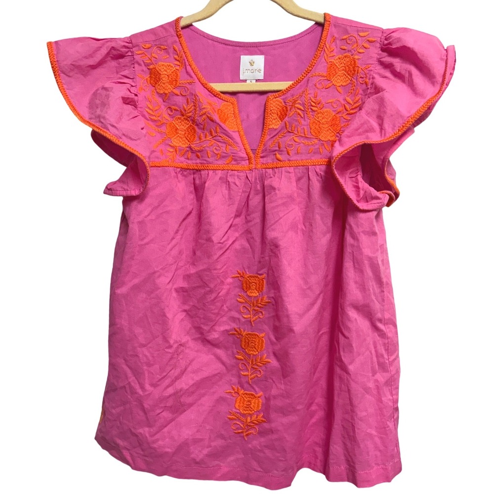 J. Marie Krista Boho Pink Orange Floral Embroidered Flutter Sleeve Top S